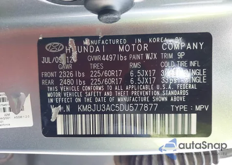 2013 Hyundai Tucson Gls из США, поврежденный, VIN KM8JU3AC5DU577877